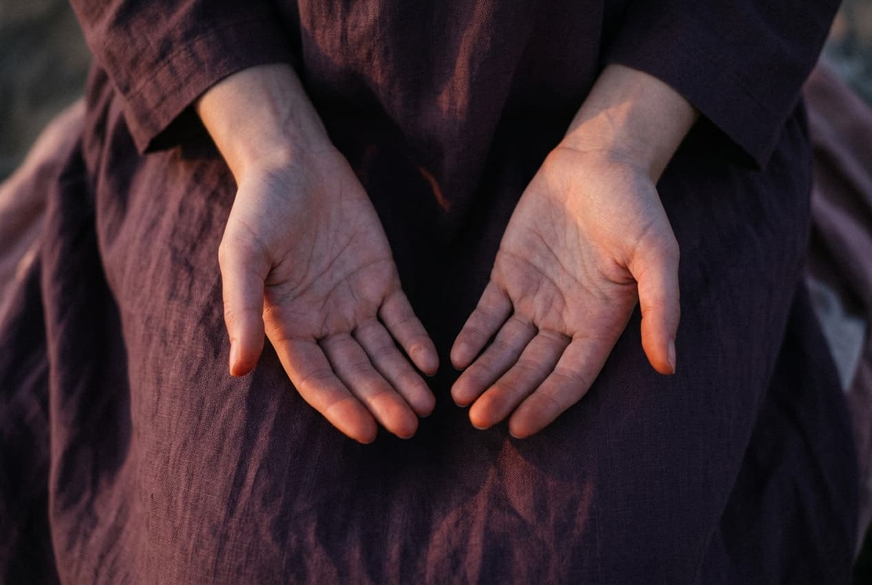 Open hands resting in a lap at dusk