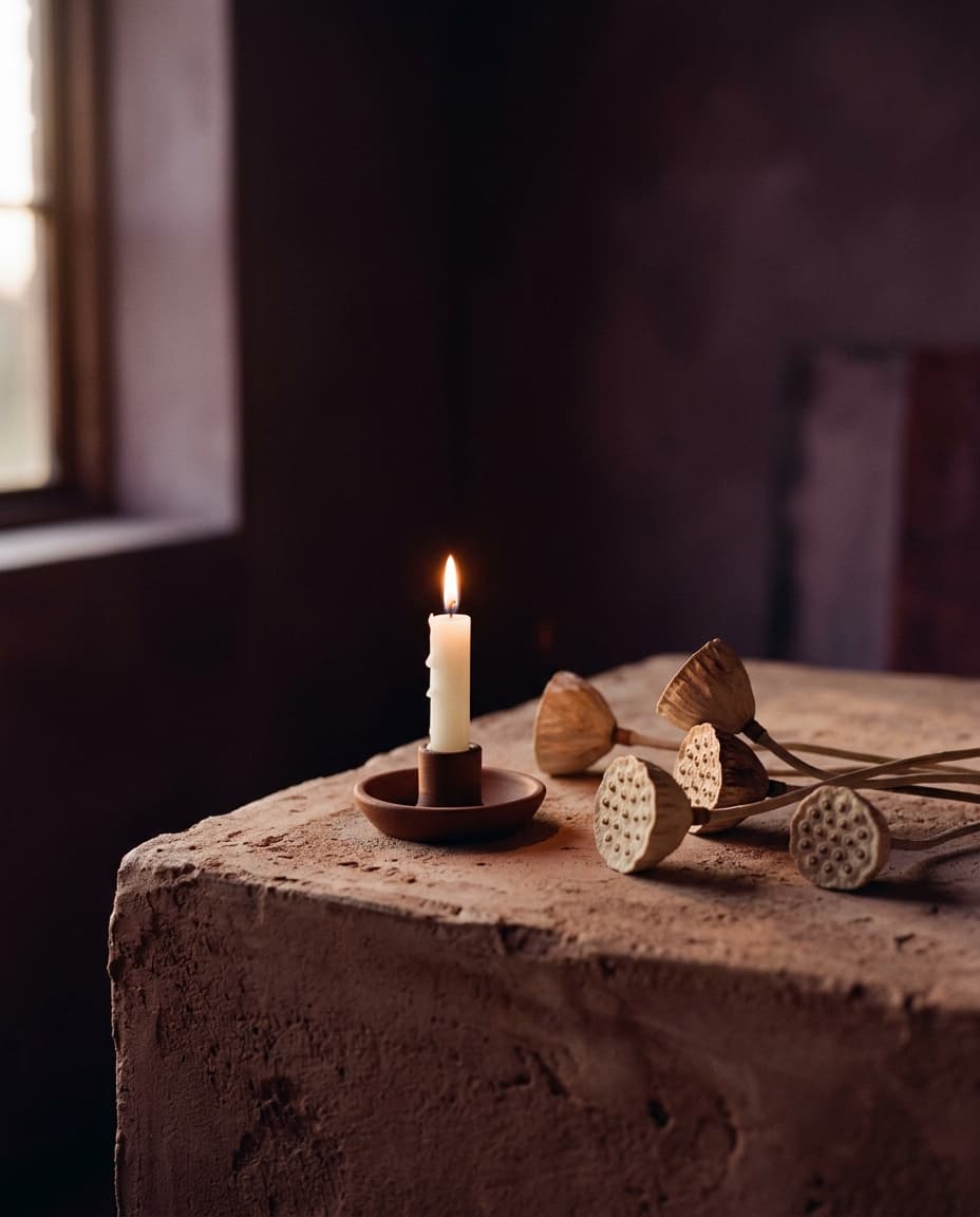 Candle and dried lotus pods in tender dusk light